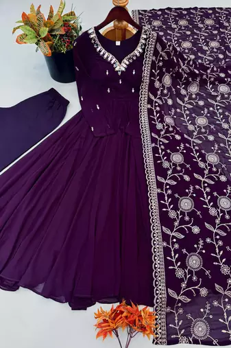 Wine anarkali suit set with embroidered dupatta