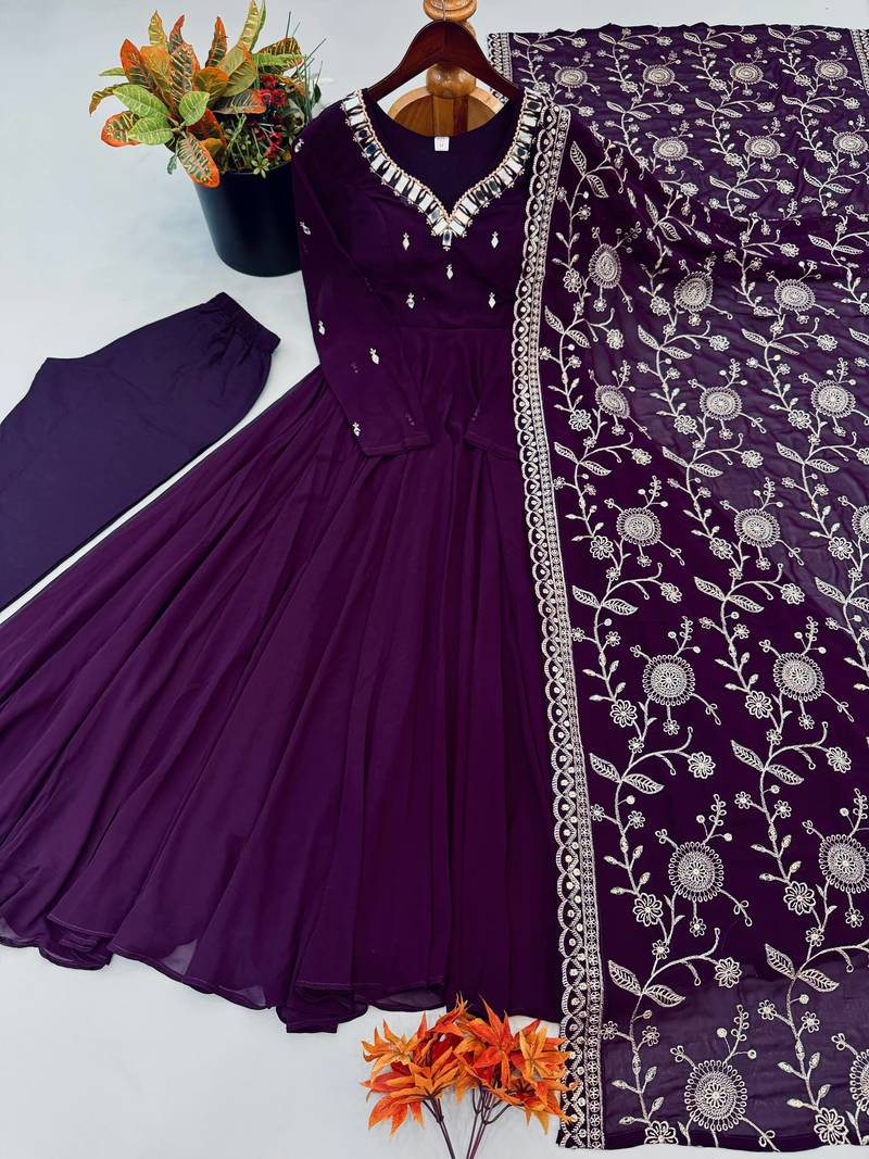 Wine anarkali suit set with embroidered dupatta