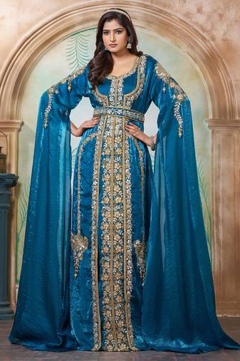 Bottle green moroccan hand beaded wedding kaftan
