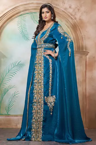 Bottle green moroccan hand beaded wedding kaftan
