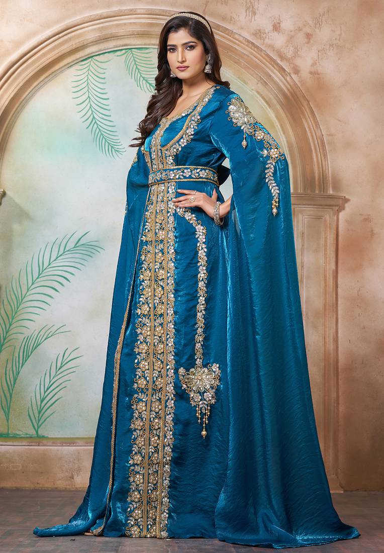 Bottle green moroccan hand beaded wedding kaftan