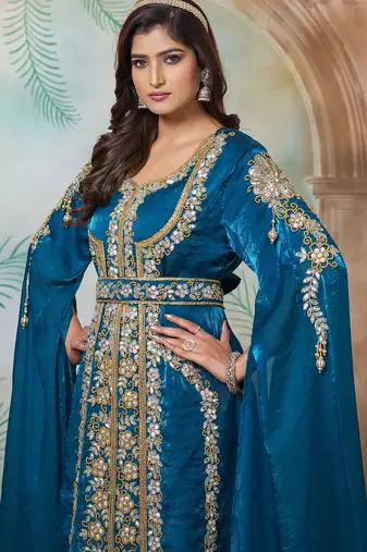 Bottle green moroccan hand beaded wedding kaftan