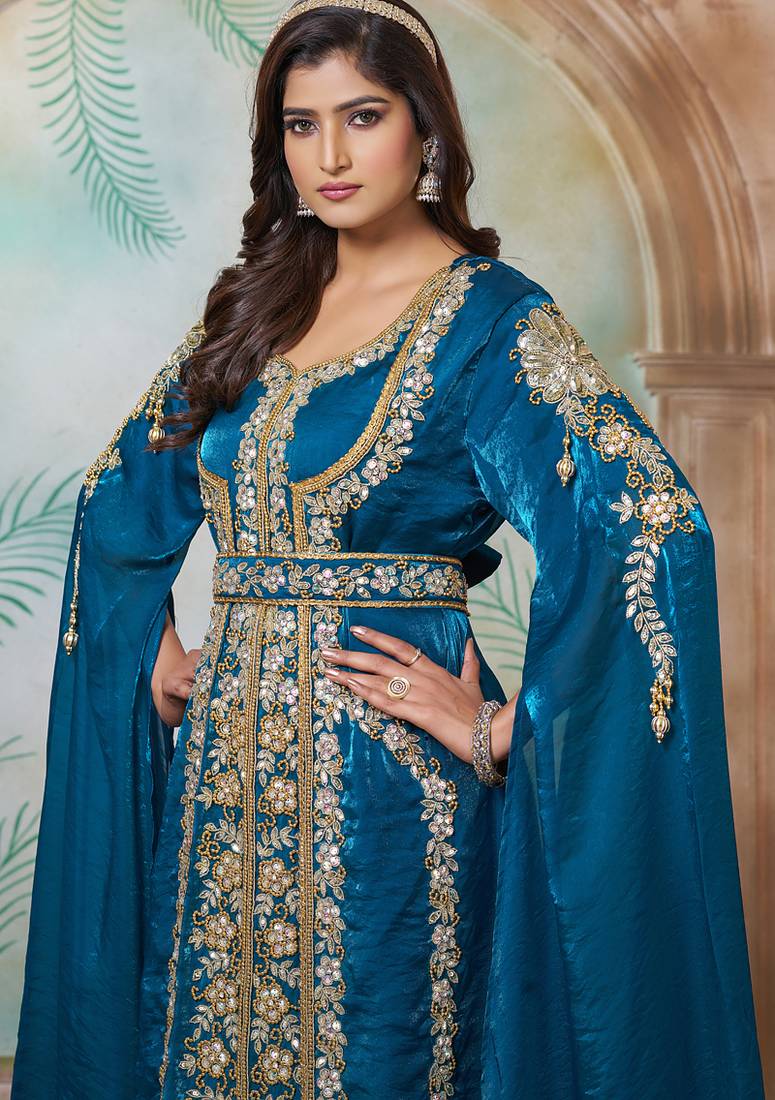 Bottle green moroccan hand beaded wedding kaftan