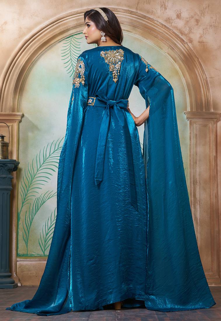 Bottle green moroccan hand beaded wedding kaftan
