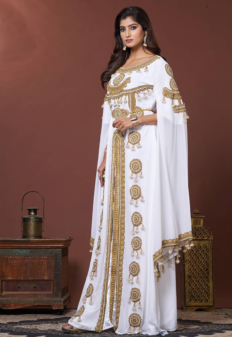 White moroccan embroidery party wedding kaftan