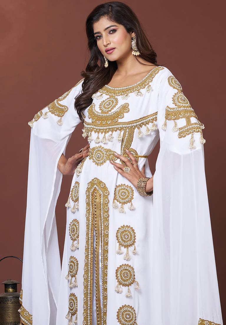 White moroccan embroidery party wedding kaftan