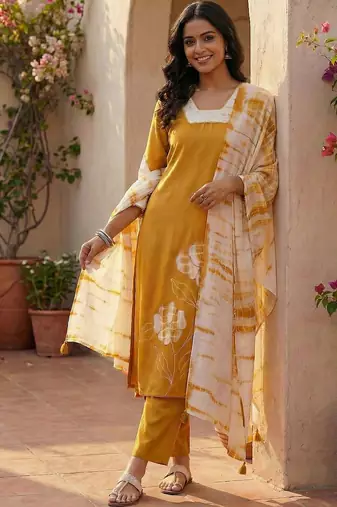 Women Floral Embroidered Regular Beads and Stones Kurta with Trousers & With Dupatta