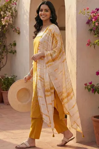 Women Floral Embroidered Regular Beads and Stones Kurta with Trousers & With Dupatta