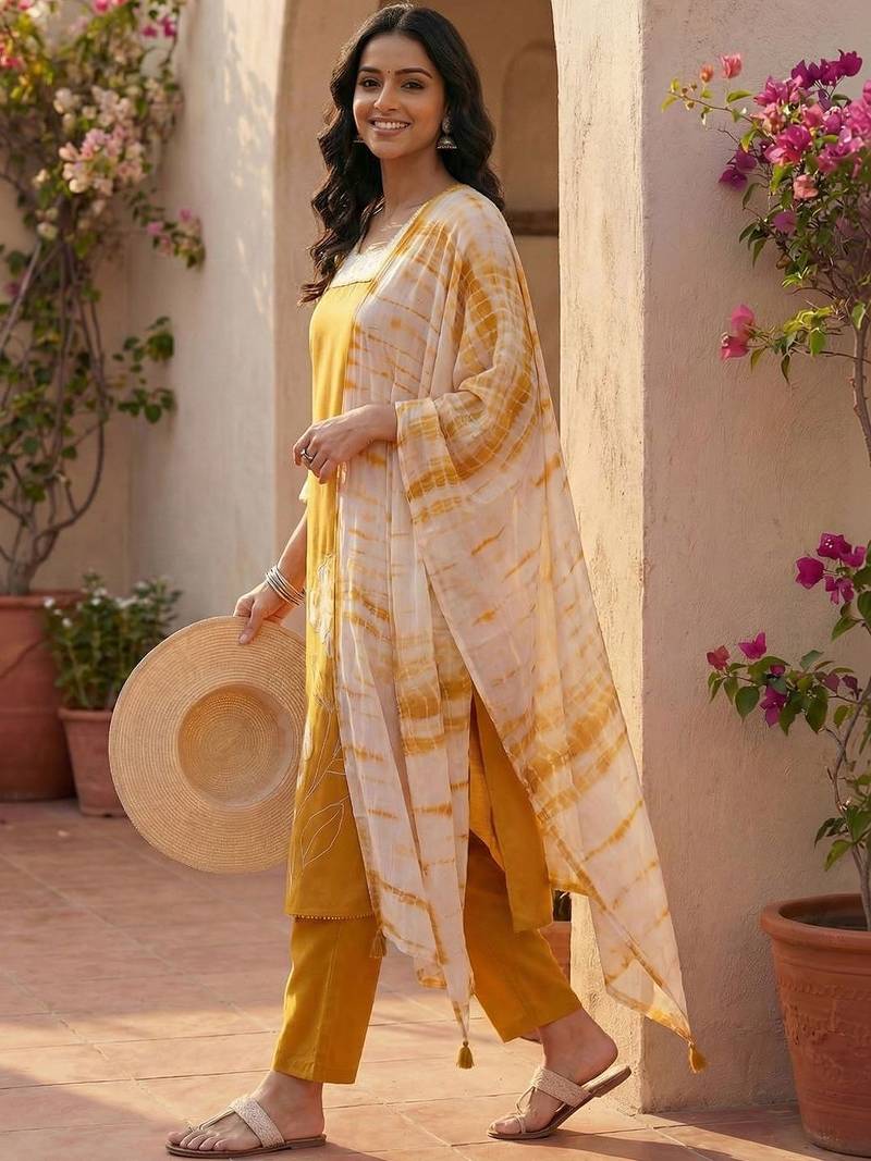 Women Floral Embroidered Regular Beads and Stones Kurta with Trousers & With Dupatta