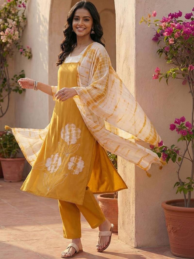 Women Floral Embroidered Regular Beads and Stones Kurta with Trousers & With Dupatta