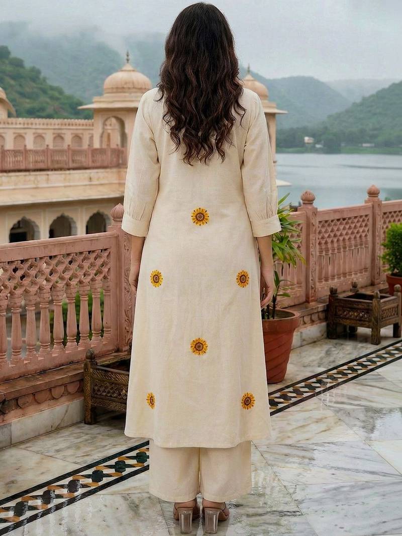 Women Floral Embroidered Regular Thread Work Pure Cotton Kurta with Palazzos