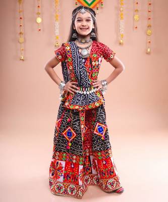 Red color embroidered work rayon navratri kids-lehenga-choli 1