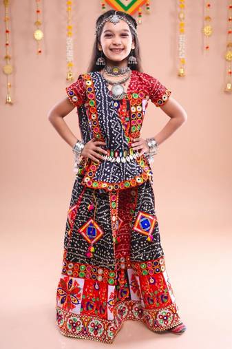 Red color embroidered work rayon navratri kids-lehenga-choli