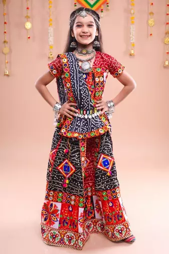 Red color embroidered work rayon navratri kids-lehenga-choli