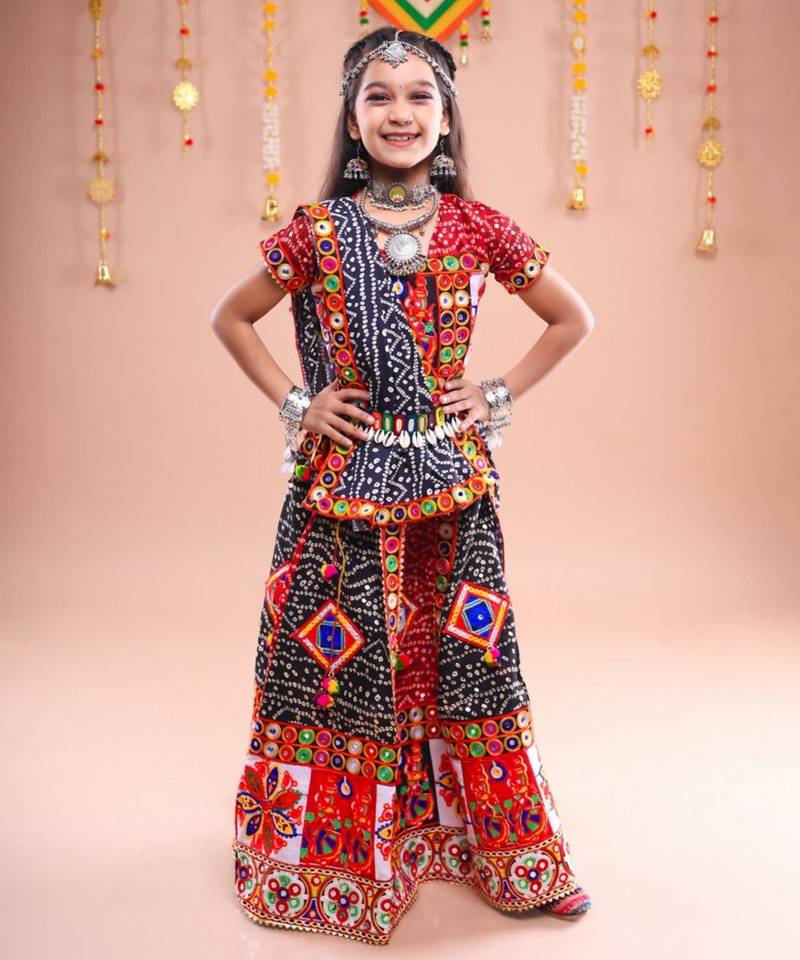 Red color embroidered work rayon navratri kids-lehenga-choli