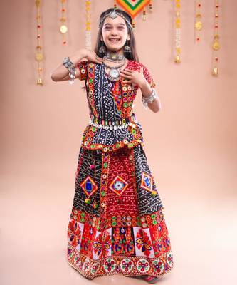 Red color embroidered work rayon navratri kids-lehenga-choli 4