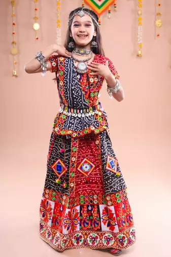 Red color embroidered work rayon navratri kids-lehenga-choli