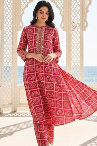 Women Ethnic Motifs Printed Regular Thread Work  Cotton Kurta with Palazzos