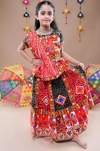 Black color embroidered work rayon navratri kids-lehenga-choli