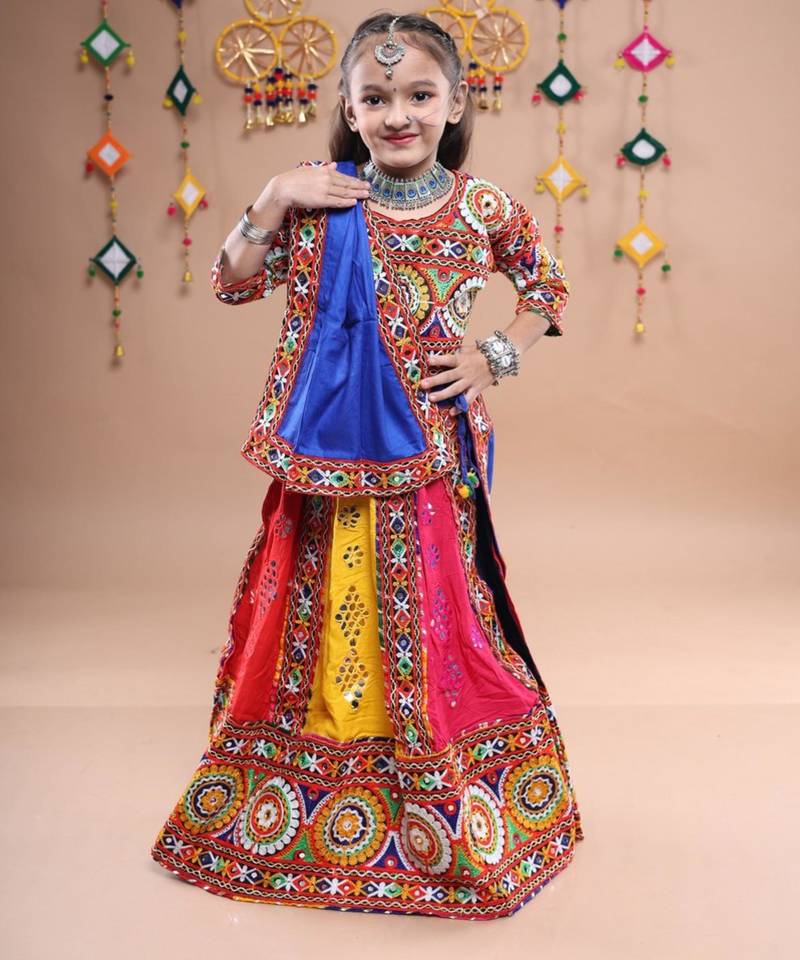 Multicolor color embroidered work rayon navratri kids-lehenga-choli