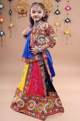 Multicolor color embroidered work rayon navratri kids-lehenga-choli