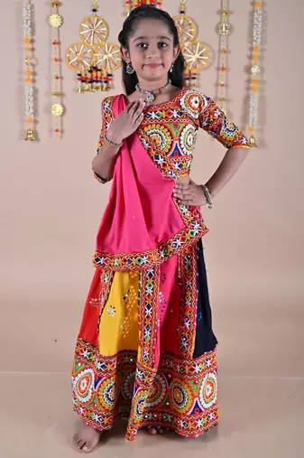 Multicolor color embroidered work rayon navratri kids-lehenga-choli