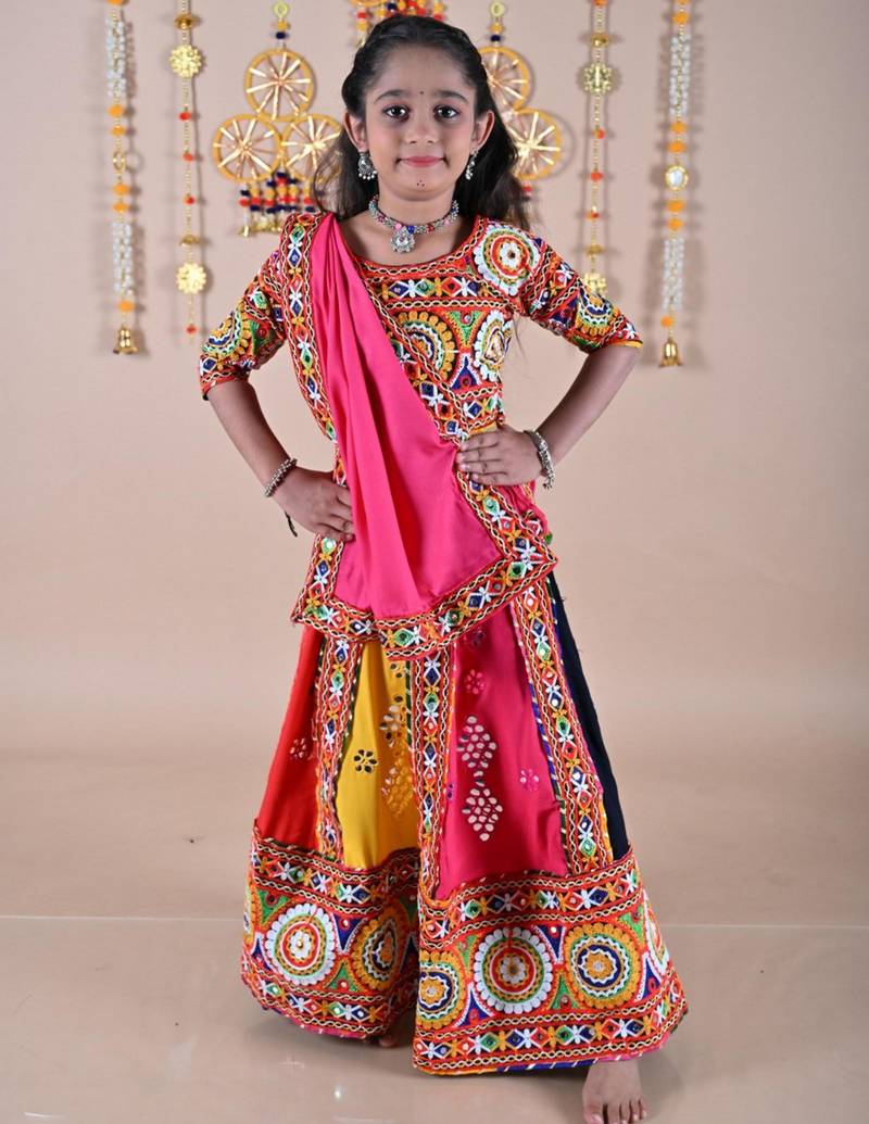 Multicolor color embroidered work rayon navratri kids-lehenga-choli