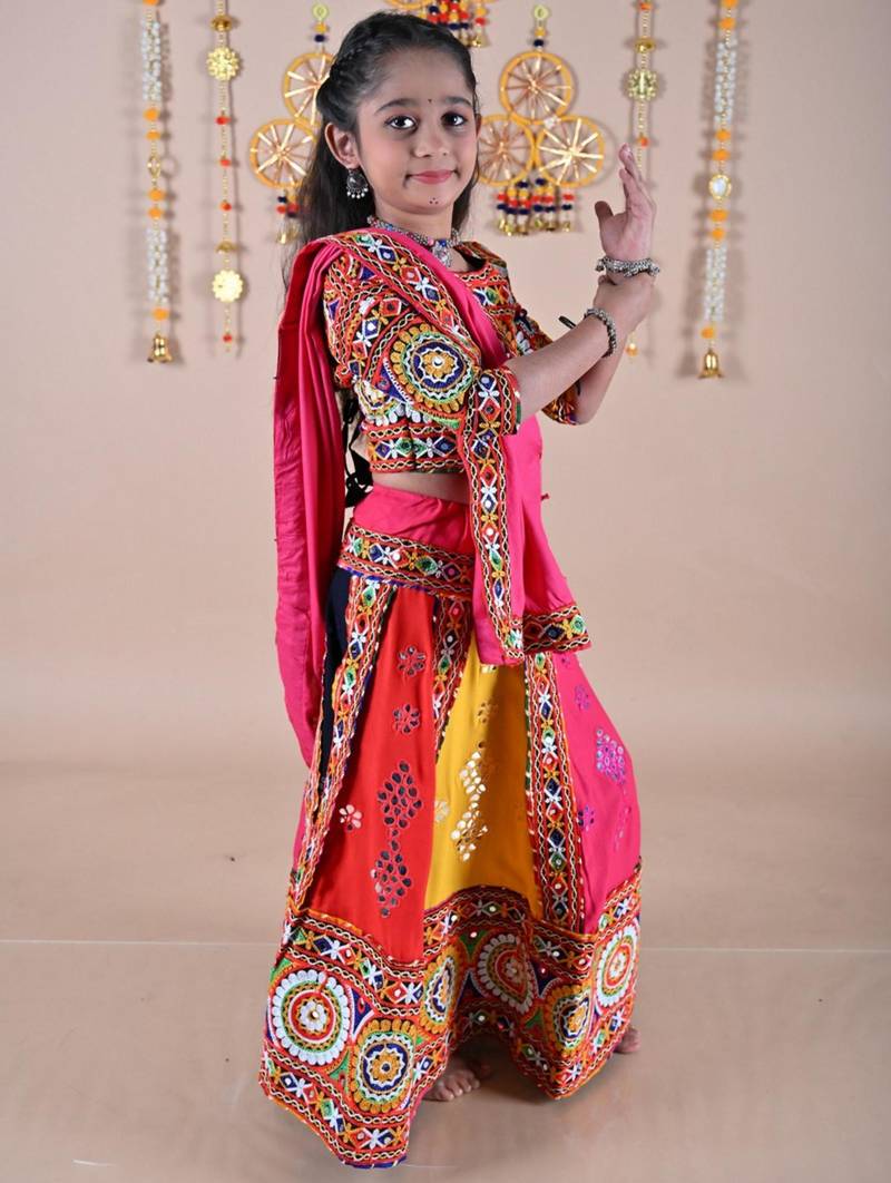 Multicolor color embroidered work rayon navratri kids-lehenga-choli