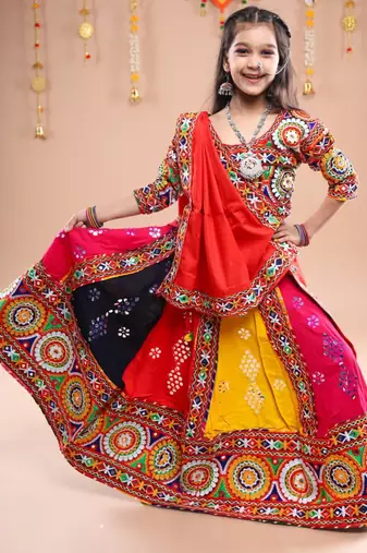 Multicolor color embroidered work rayon navratri kids-lehenga-choli