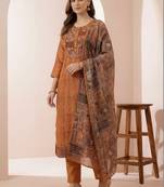 Women Ethnic Motifs Embroidered Regular Thread Work Chanderi Cotton Kurta with Trousers & With