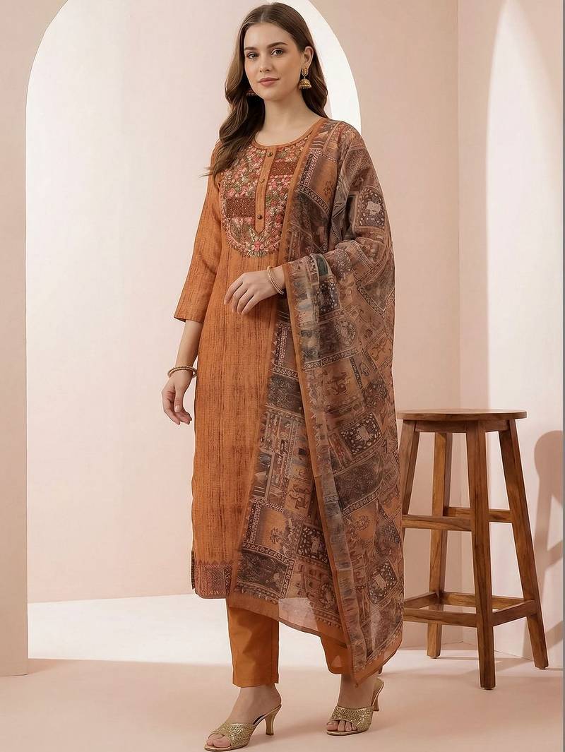 Women Ethnic Motifs Embroidered Regular Thread Work Chanderi Cotton Kurta with Trousers & With