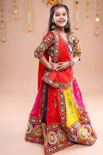 Multicolor color embroidered work rayon navratri kids-lehenga-choli