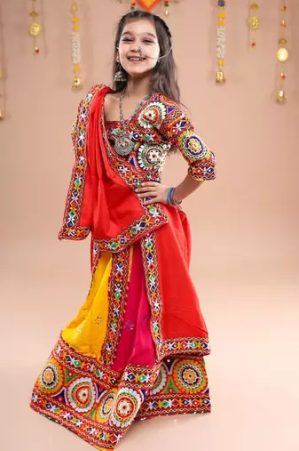 Multicolor color embroidered work rayon navratri kids-lehenga-choli