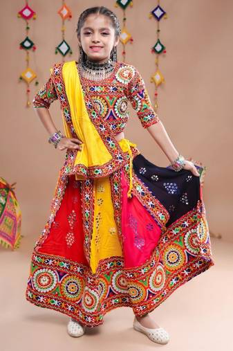 Multicolor color embroidered work rayon navratri kids-lehenga-choli