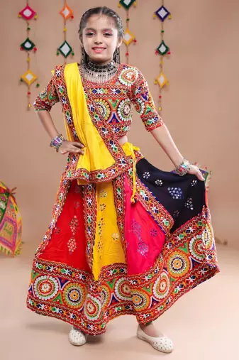 Multicolor color embroidered work rayon navratri kids-lehenga-choli