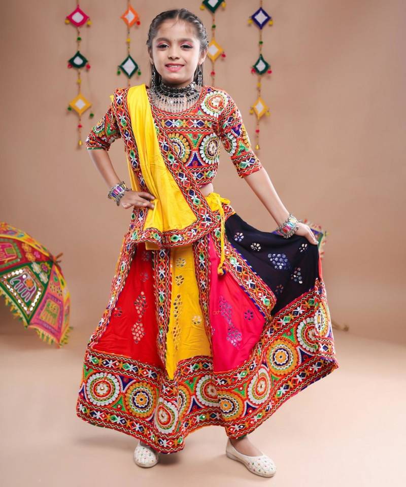 Multicolor color embroidered work rayon navratri kids-lehenga-choli