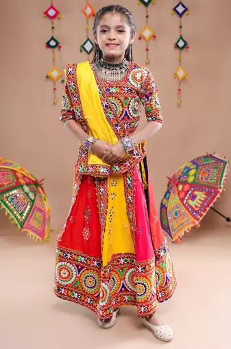 Multicolor color embroidered work rayon navratri kids-lehenga-choli