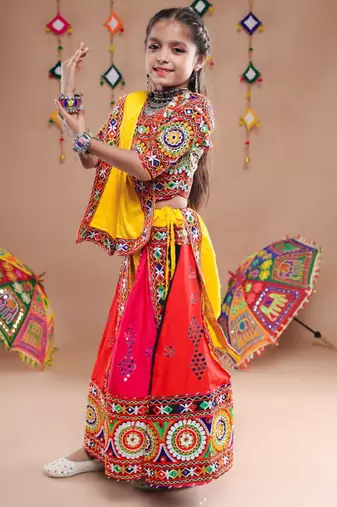 Multicolor color embroidered work rayon navratri kids-lehenga-choli
