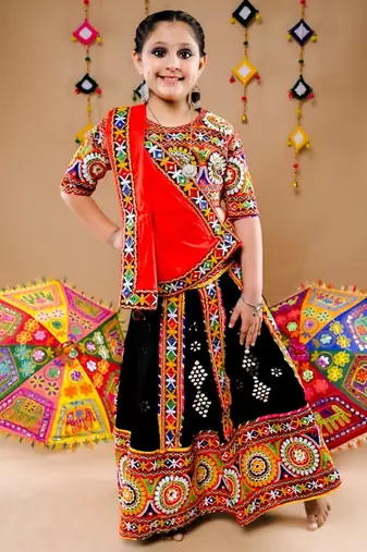 Multicolor color embroidered work rayon navratri kids-lehenga-choli