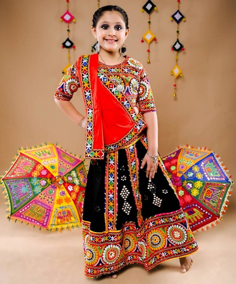 Multicolor color embroidered work rayon navratri kids-lehenga-choli