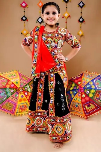 Multicolor color embroidered work rayon navratri kids-lehenga-choli