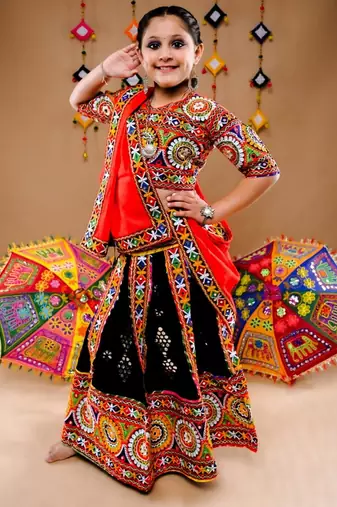 Multicolor color embroidered work rayon navratri kids-lehenga-choli