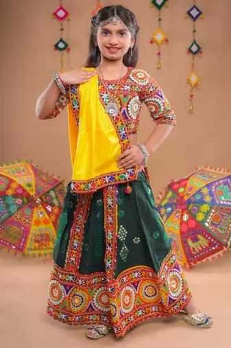 Multicolor color embroidered work rayon navratri kids-lehenga-choli