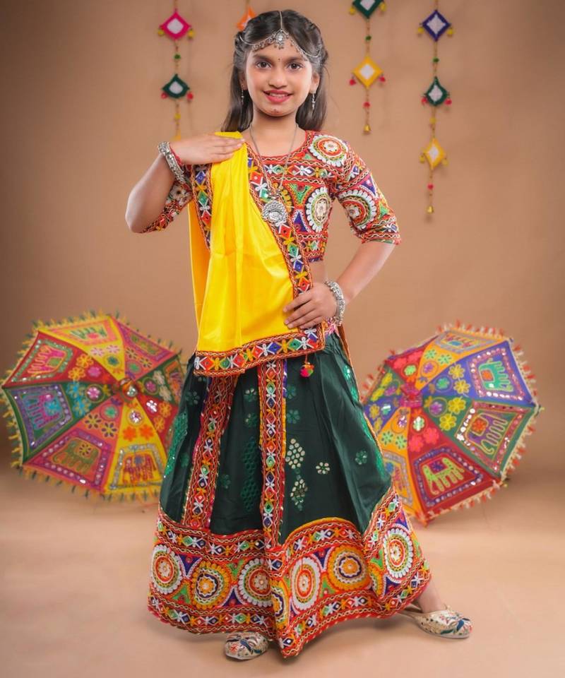 Multicolor color embroidered work rayon navratri kids-lehenga-choli