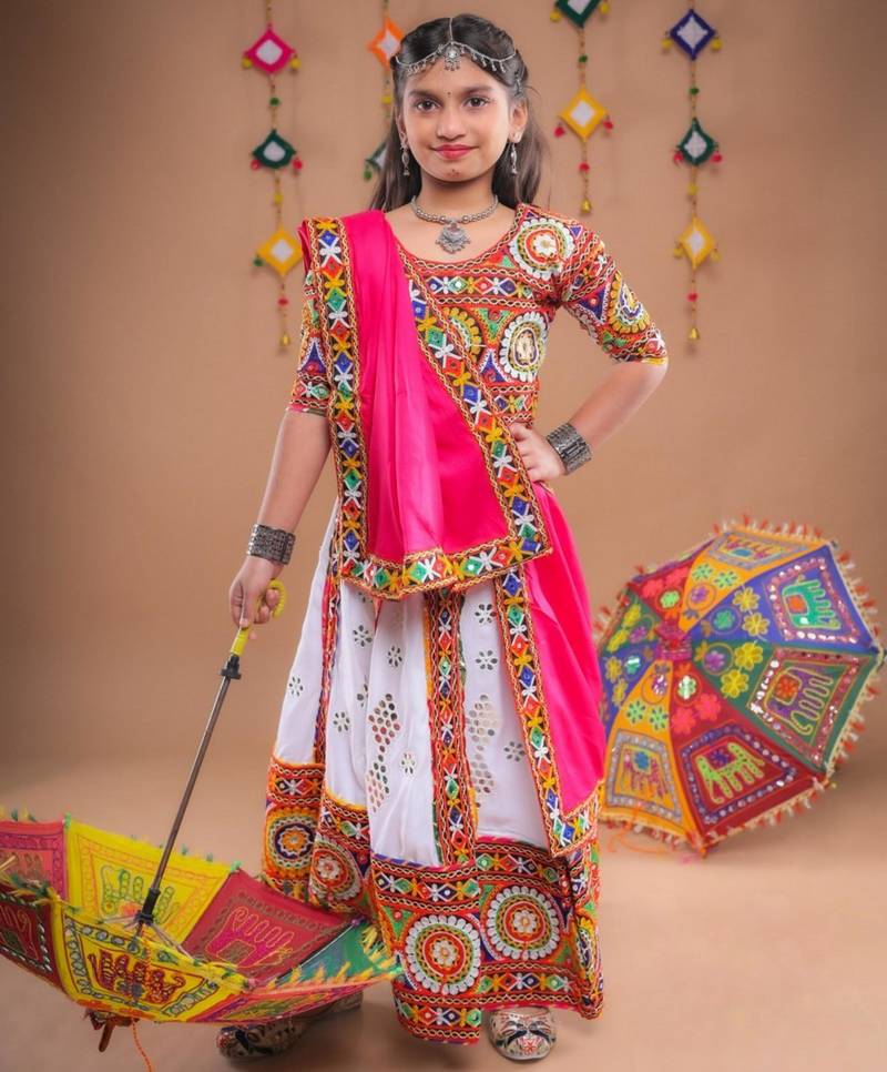 Multicolor color embroidered work rayon navratri kids-lehenga-choli