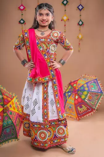Multicolor color embroidered work rayon navratri kids-lehenga-choli