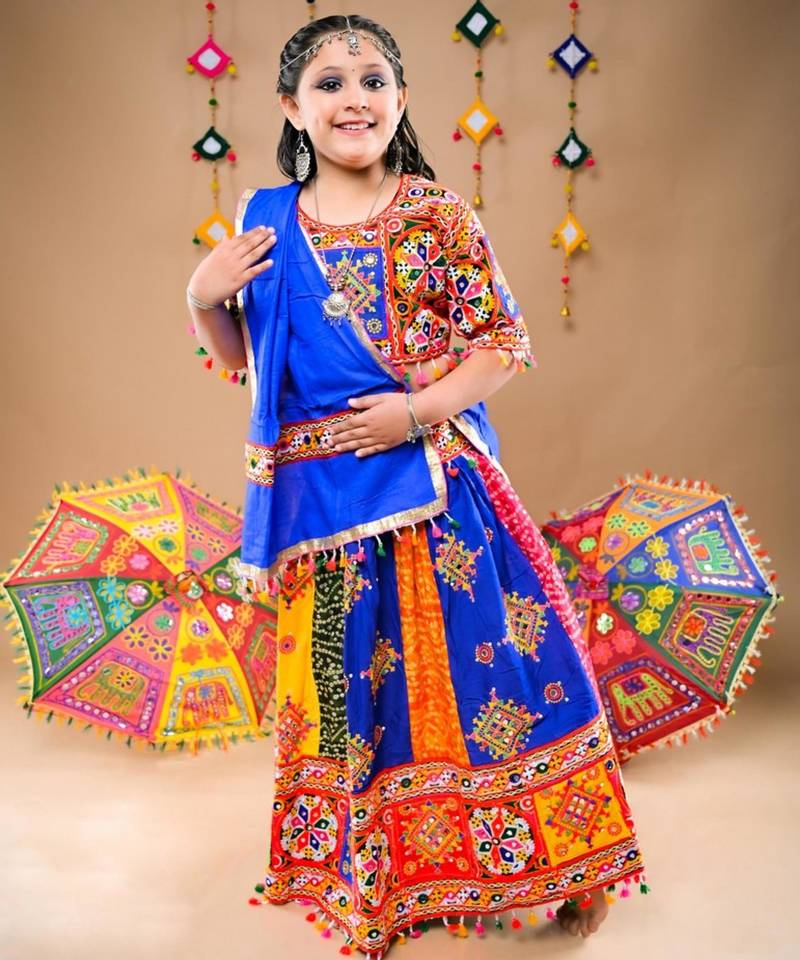Multicolor color embroidered work rayon navratri kids-lehenga-choli