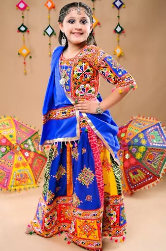 Multicolor color embroidered work rayon navratri kids-lehenga-choli