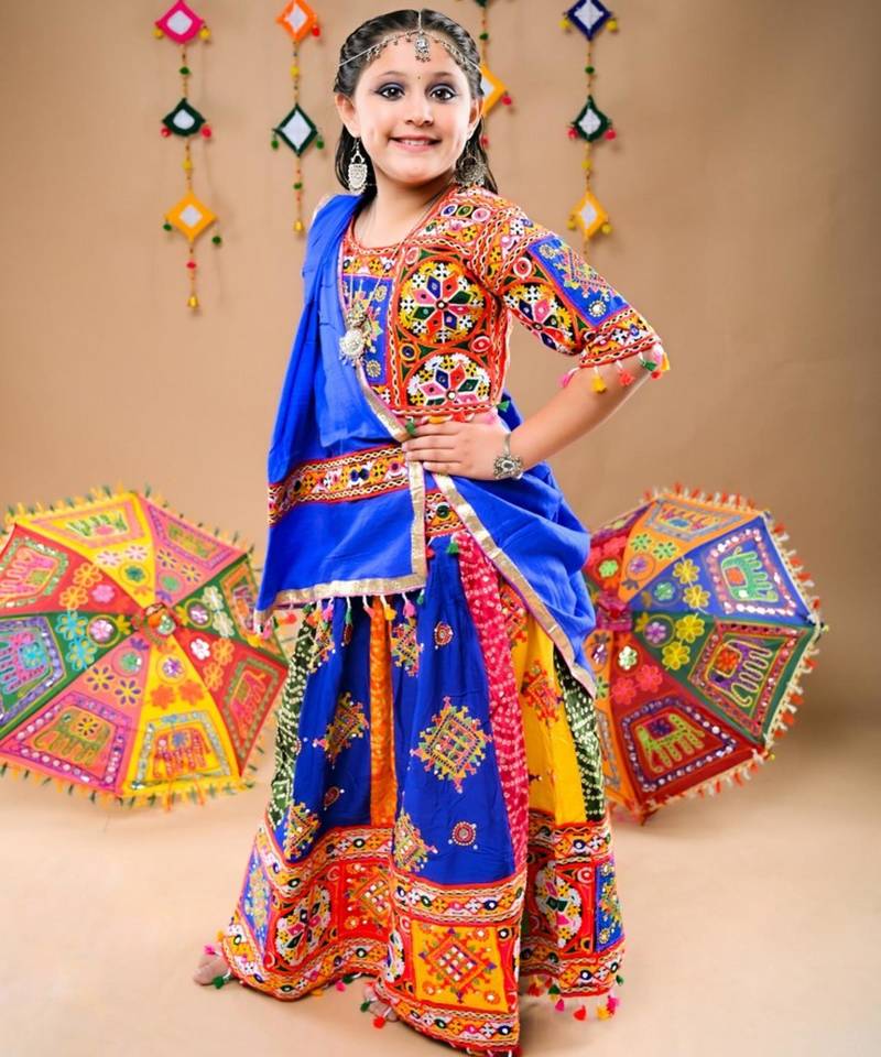 Multicolor color embroidered work rayon navratri kids-lehenga-choli