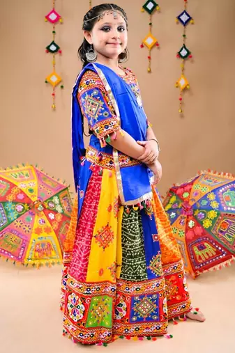 Multicolor color embroidered work rayon navratri kids-lehenga-choli